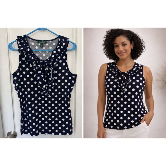 Lauren Ralph Lauren Tops - Lauren Ralph Lauren Navy White Polka Dot Ruffle Top Large Ruffle Neck Preppy